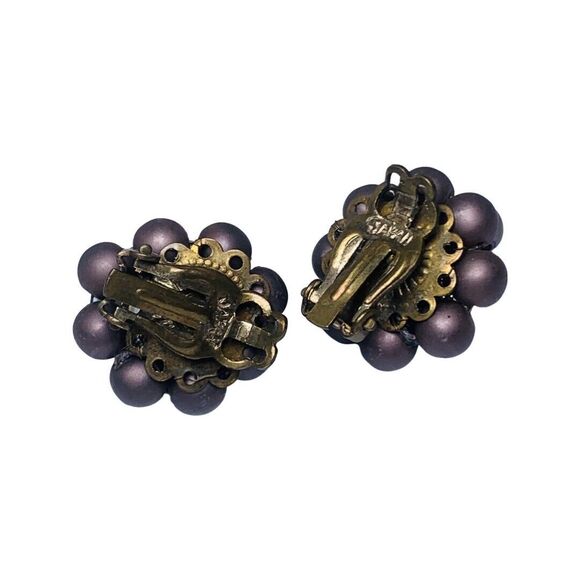 Vintage Japan Purple Rhinestone Flower Clip-On Earrings 1" Beaded Jewelry - Picture 8 of 11